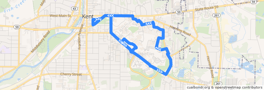 Mapa del recorrido Bus 53: Kent Central Gateway -> Rockwell Hall -> McGilvrey Hall -> KSU Student Center -> Bowman Hall -> Van Campen -> Residence Halls -> Tri-Towers -> Center for Performing Arts -> Kent Central Gatewa de la línea  en Kent.