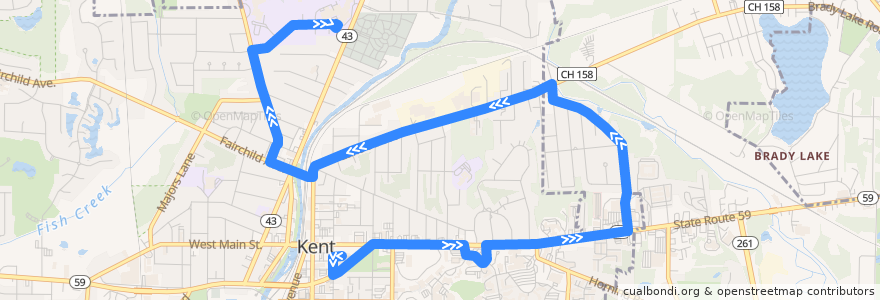 Mapa del recorrido Bus 40: Kent Central Gateway -> KSU/Moulton Hall -> Lake Street -> Roosevelt High School de la línea  en Kent.