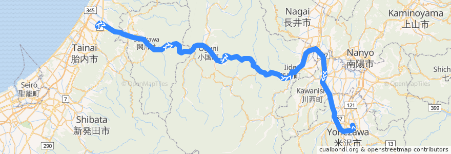 Mapa del recorrido JR米坂線（上り） de la línea  en 일본.