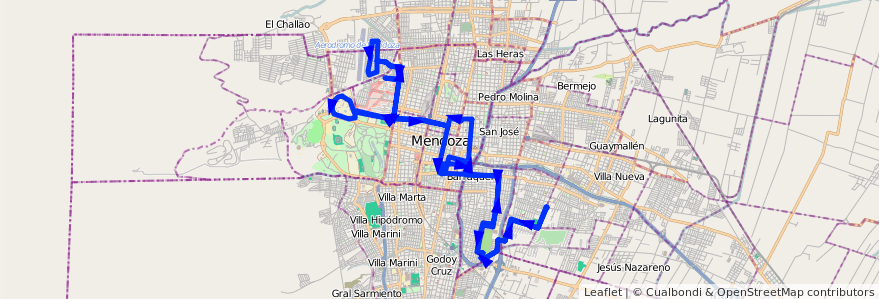 Mapa del recorrido 91 - Bº San Martín - Barrio Viajantes - Casa de Gob. de la línea G07 en Mendoza.