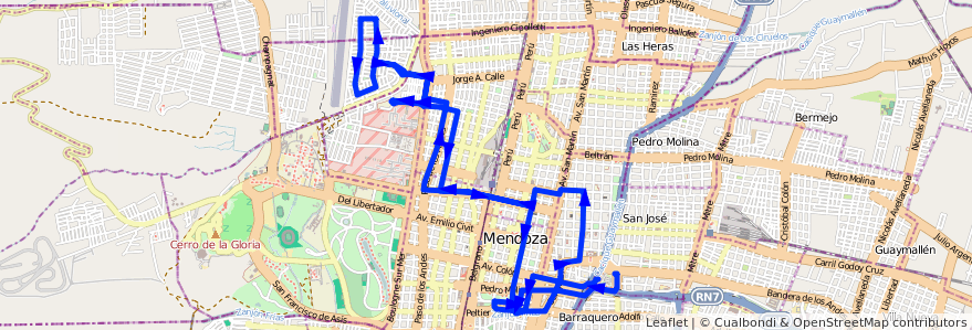 Mapa del recorrido 91 - Bº San Martín - Casa de Gob. de la línea G07 en Ciudad de Mendoza.