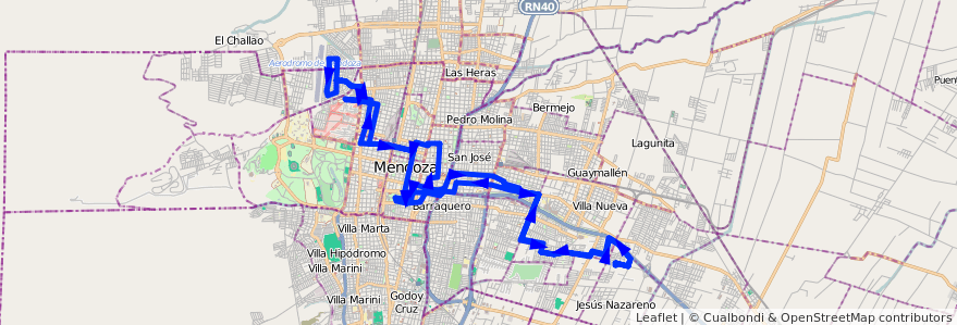 Mapa del recorrido 91 - Bº San Martín - Hospital Notti - Casa de Gob. de la línea G07 en Mendoza.