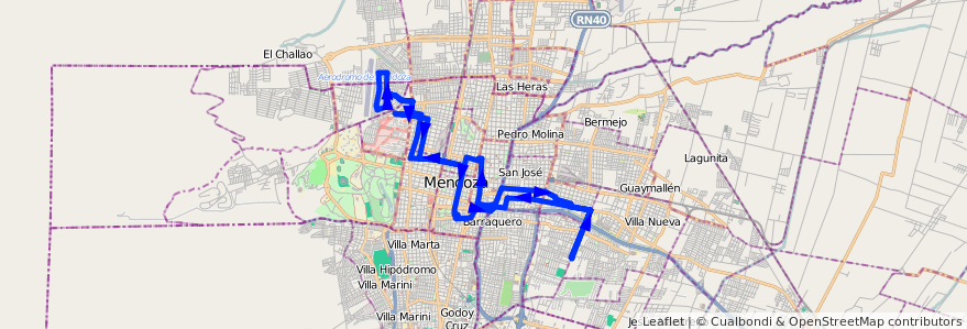 Mapa del recorrido 91 - Bº San Martín - Hospital Notti  de la línea G07 en Mendoza.