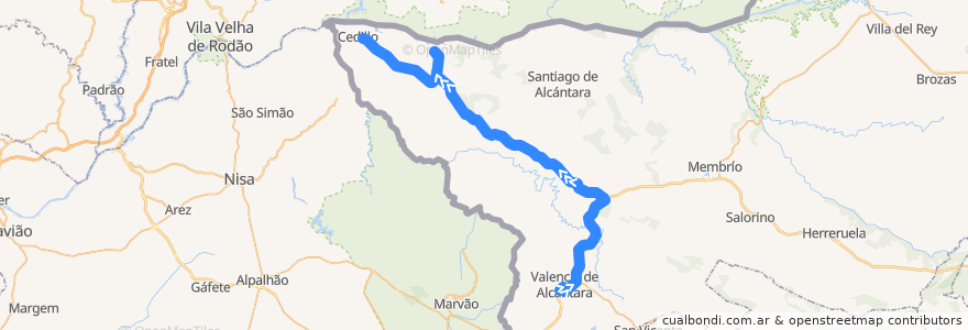 Mapa del recorrido Norbabus JEV-008-3: Valencia de Alcantára => Cedillo de la línea  en Cáceres.