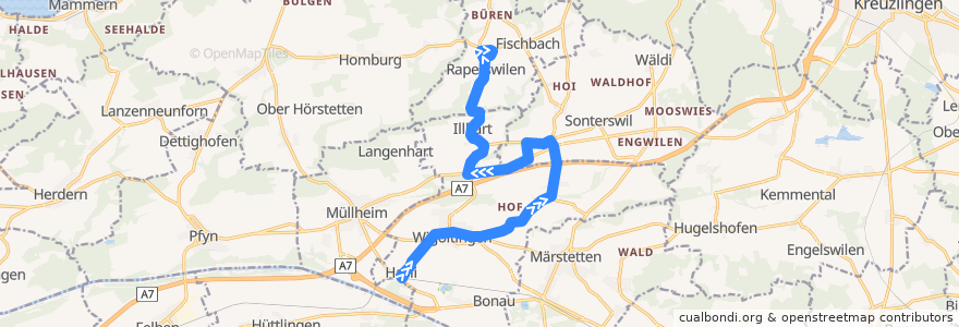 Mapa del recorrido Bus 832: Müllheim-Wigoltingen, Bahnhof => Raperswilen, Schulhaus de la línea  en Thurgovie.