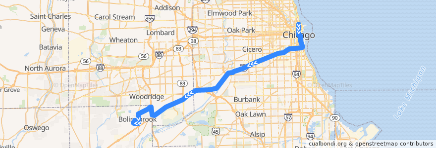 Mapa del recorrido North Bolingbrook - East Loop Express (Westbound) de la línea  en Illinois.