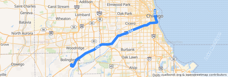 Mapa del recorrido South Bolingbrook - East Loop Express (Westbound) de la línea  en Illinois.