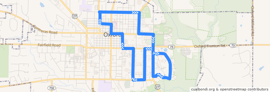 Mapa del recorrido BCRTA U4 Western Campus/North Loop de la línea  en Oxford.