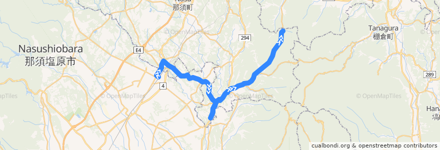 Mapa del recorrido 那須町民バス追分・黒磯駅線 黒磯駅⇒稲沢・伊王野⇒追分 de la línea  en 栃木県.