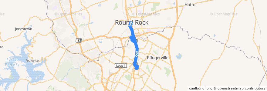 Mapa del recorrido Capital Metro 52 Round Rock Tech Ridge (southbound) de la línea  en Texas.