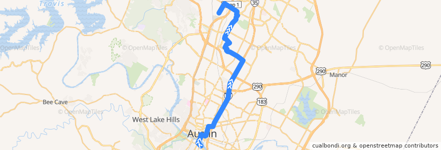 Mapa del recorrido Capital Metro 142 Metric Flyer (northbound) de la línea  en Austin.