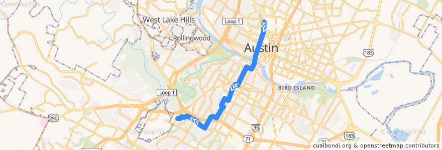 Mapa del recorrido Capital Metro 105 South 5th Flyer (southbound) de la línea  en Austin.