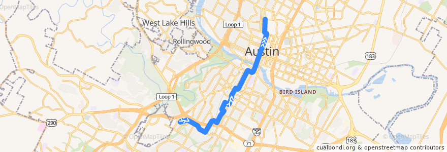 Mapa del recorrido Capital Metro 105 South 5th Flyer (northbound) de la línea  en Austin.