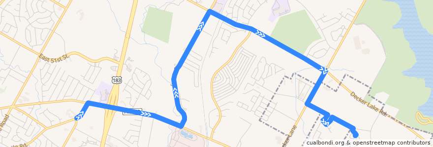 Mapa del recorrido Capital Metro 237 Northeast Feeder (eastbound) de la línea  en Travis County.