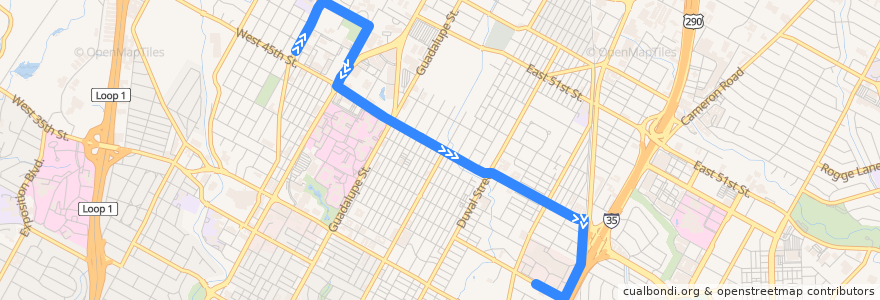 Mapa del recorrido Capital Metro 345 45th Street (eastbound) de la línea  en Austin.