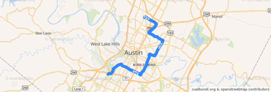 Mapa del recorrido Capital Metro 300 Springdale/Oltorf (southbound) de la línea  en Austin.