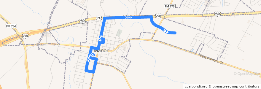 Mapa del recorrido Capital Metro 470 Manor Circulator (eastbound) de la línea  en Manor.