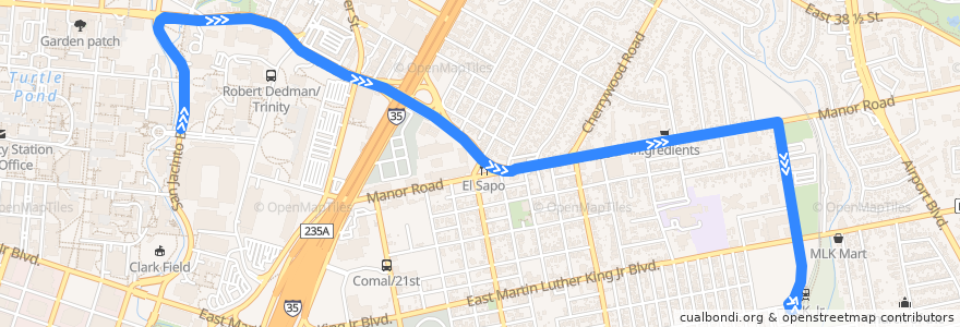 Mapa del recorrido Capital Metro 465 MLK/University of Texas (eastbound) de la línea  en Austin.