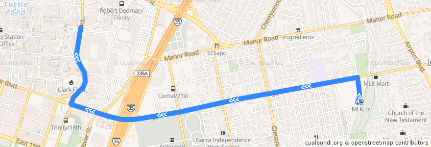 Mapa del recorrido Capital Metro 465 MLK/University of Texas (westbound) de la línea  en Austin.