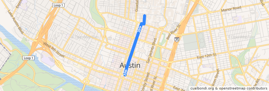 Mapa del recorrido Capital Metro 412 E-Bus/Main Campus (northbound) de la línea  en Austin.