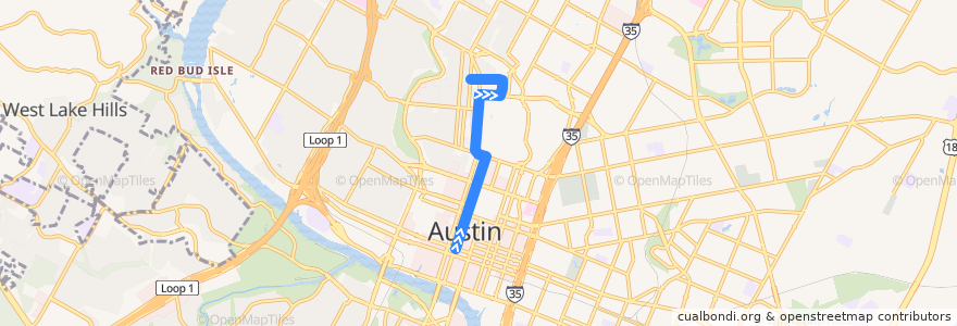 Mapa del recorrido Capital Metro 410 E-Bus/West Campus (northbound) de la línea  en Austin.