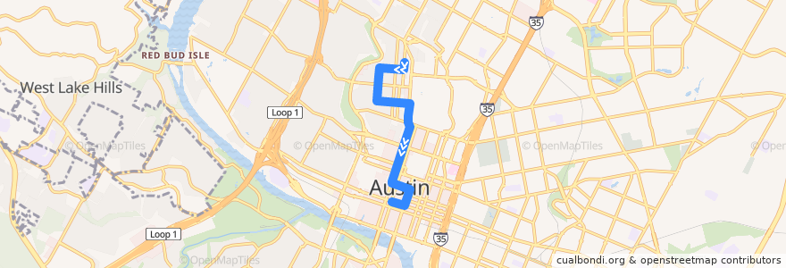 Mapa del recorrido Capital Metro 410 E-Bus/West Campus (southbound) de la línea  en Austin.