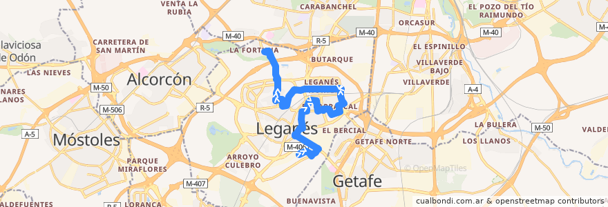 Mapa del recorrido Línea 1 de la línea  en Leganés.