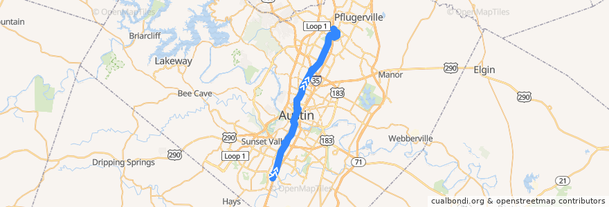 Mapa del recorrido Capital Metro 801 North Lamar/South Congress (northbound) de la línea  en Austin.