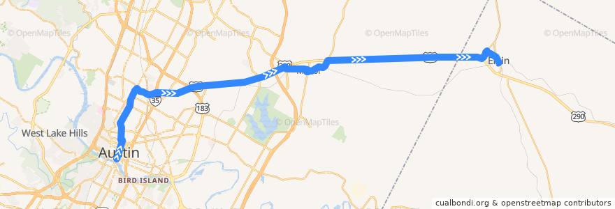 Mapa del recorrido Capital Metro 990 Manor/Elgin Express (eastbound) de la línea  en Travis County.