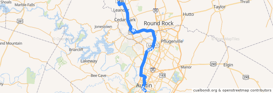 Mapa del recorrido Capital Metro 987 Leander/Lakeline Express (northbound) de la línea  en Texas.