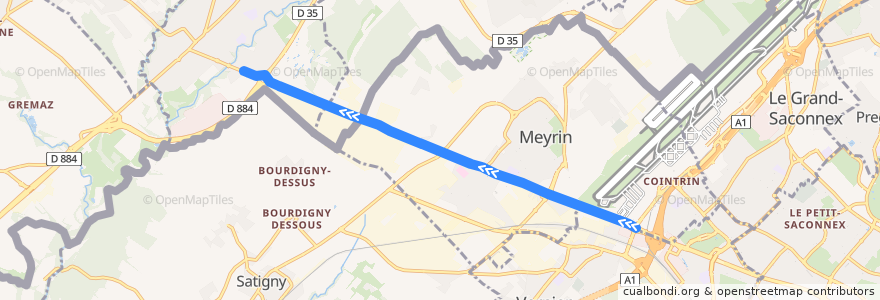 Mapa del recorrido Bus 68: (Blandonnet) → CERN → St-Genis → (Thoiry) de la línea  en جنيف.