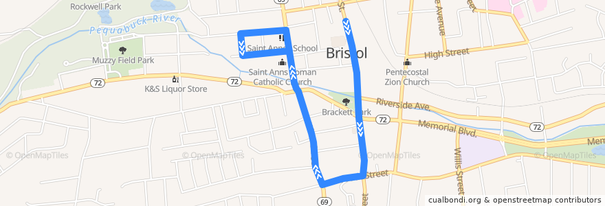 Mapa del recorrido CTtransit 543 West Street de la línea  en Bristol.