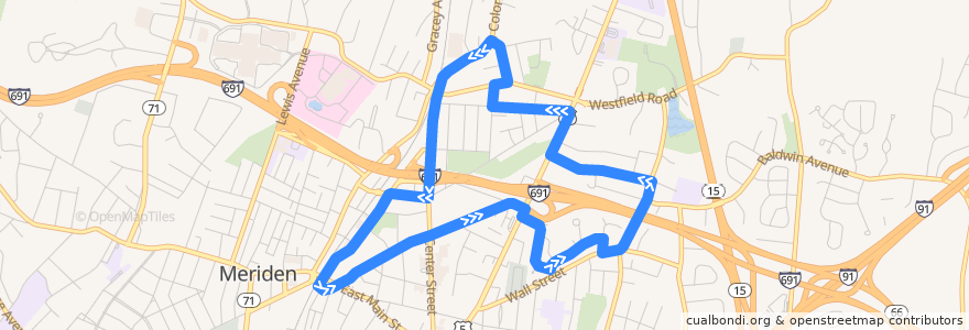 Mapa del recorrido CTtransit 563 Yale Acres de la línea  en Meriden.