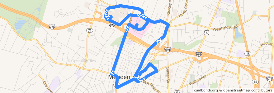 Mapa del recorrido CTtransit 561 Westfield Meriden de la línea  en Meriden.