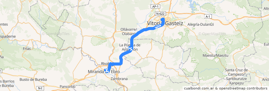 Mapa del recorrido A19 Miranda de Ebro → Rivabellosa → La Puebla de Arganzón → Vitoria-Gasteiz de la línea  en 阿拉瓦.