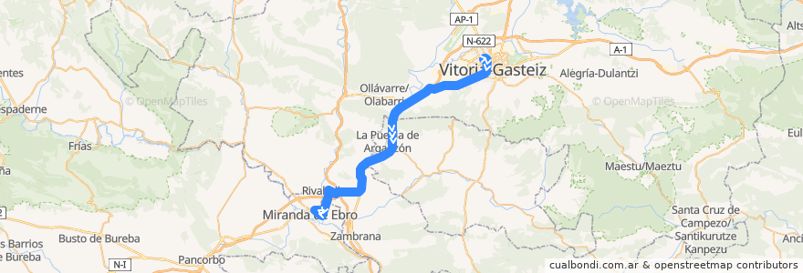 Mapa del recorrido A19 Vitoria-Gasteiz → Rivabellosa → Miranda de Ebro de la línea  en Araba/Álava.