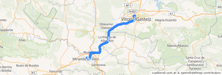 Mapa del recorrido A19 Miranda de Ebro → Rivabellosa → Vitoria-Gasteiz de la línea  en Araba/Álava.