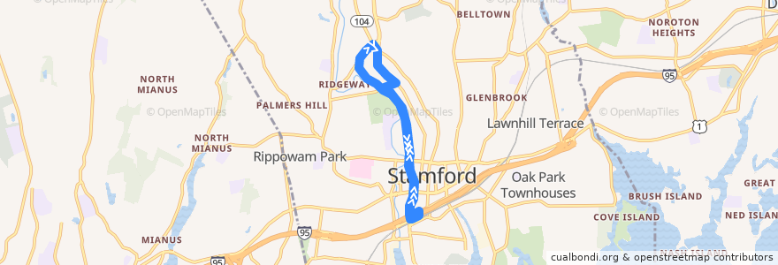 Mapa del recorrido CTtransit 335 Washington Boulevard de la línea  en Stamford.