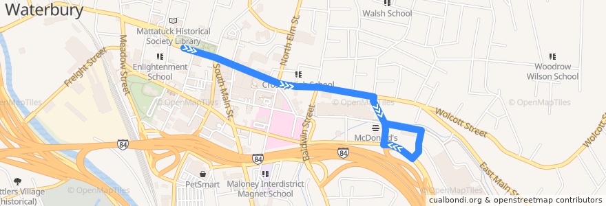 Mapa del recorrido CTtransit 422B Wolcott Street (to Brass Mill Center) de la línea  en Waterbury.