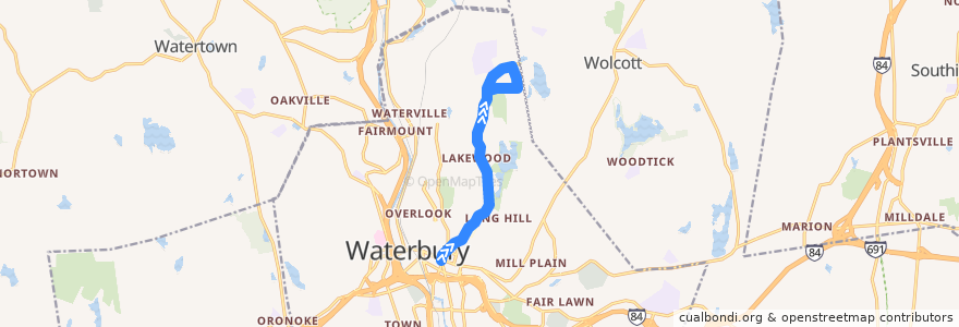 Mapa del recorrido CTtransit 416M North Main Street (to Montoe Road) de la línea  en Waterbury.