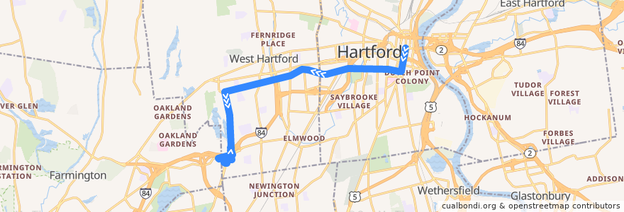 Mapa del recorrido CTtransit 33W Park Street-Park Road (to Westfarms) de la línea  en Hartford County.