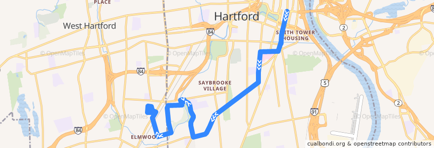 Mapa del recorrido CTtransit 37 New Britain Avenue via Jefferson Street de la línea  en Hartford County.