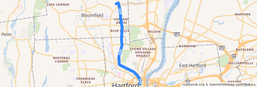 Mapa del recorrido CTtransit 52W Blue Hills Avenue (to Wedgewood) de la línea  en Hartford County.