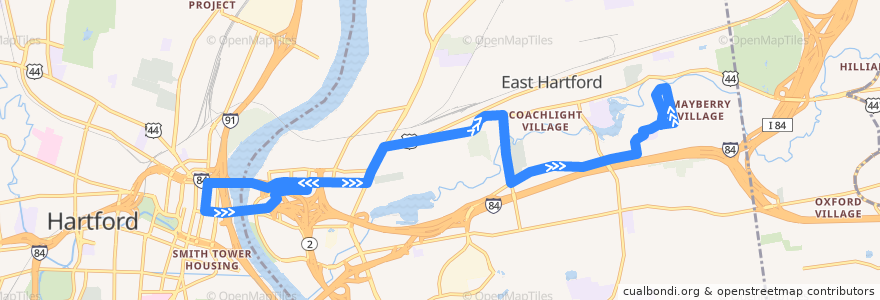 Mapa del recorrido CTtransit 86R Burnside Avenue (via Roberts Street) de la línea  en East Hartford.