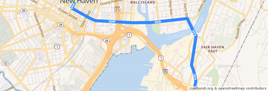 Mapa del recorrido CTtransit 206F East Chapel Street de la línea  en New Haven.