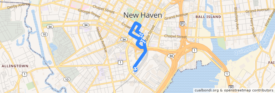 Mapa del recorrido CTtransit Union Station Shuttle de la línea  en New Haven.