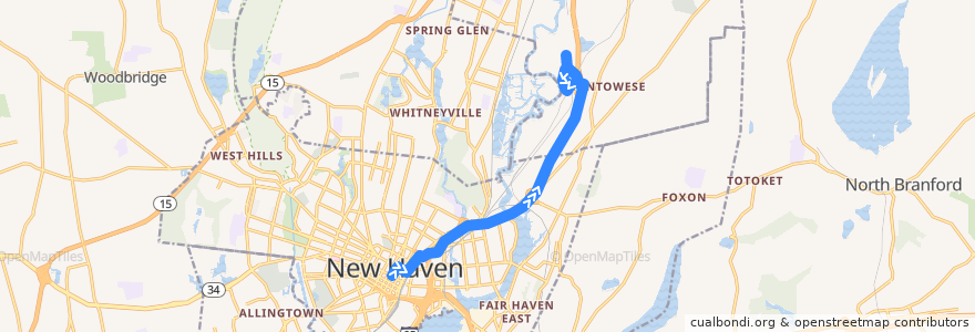 Mapa del recorrido CTtransit 212Ux Grand Avenue (to Universal Drive via I-91) de la línea  en New Haven County.