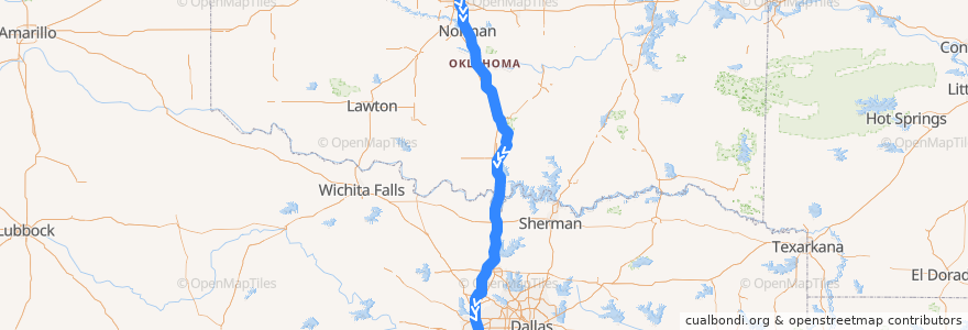 Mapa del recorrido Amtrak Heartland Flyer: Oklahoma City => Fort Worth de la línea  en الولايات المتّحدة الأمريكيّة.