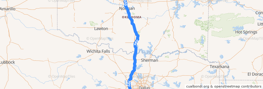 Mapa del recorrido Amtrak Heartland Flyer: Oklahoma City => Fort Worth de la línea  en Verenigde Staten.