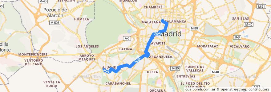 Mapa del recorrido Bus N26: Aluche - Alonso Martínez de la línea  en 마드리드.